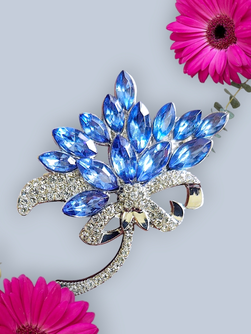 Blue Rhinestone Floral Bouquet Brooch